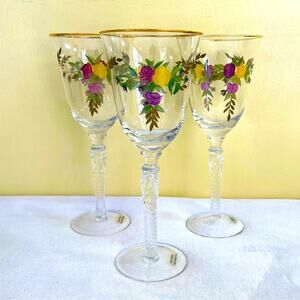 3 Royal Albert Old Country Roses 8 5/8" Hand Painted Wine Glasses, Water Goblets